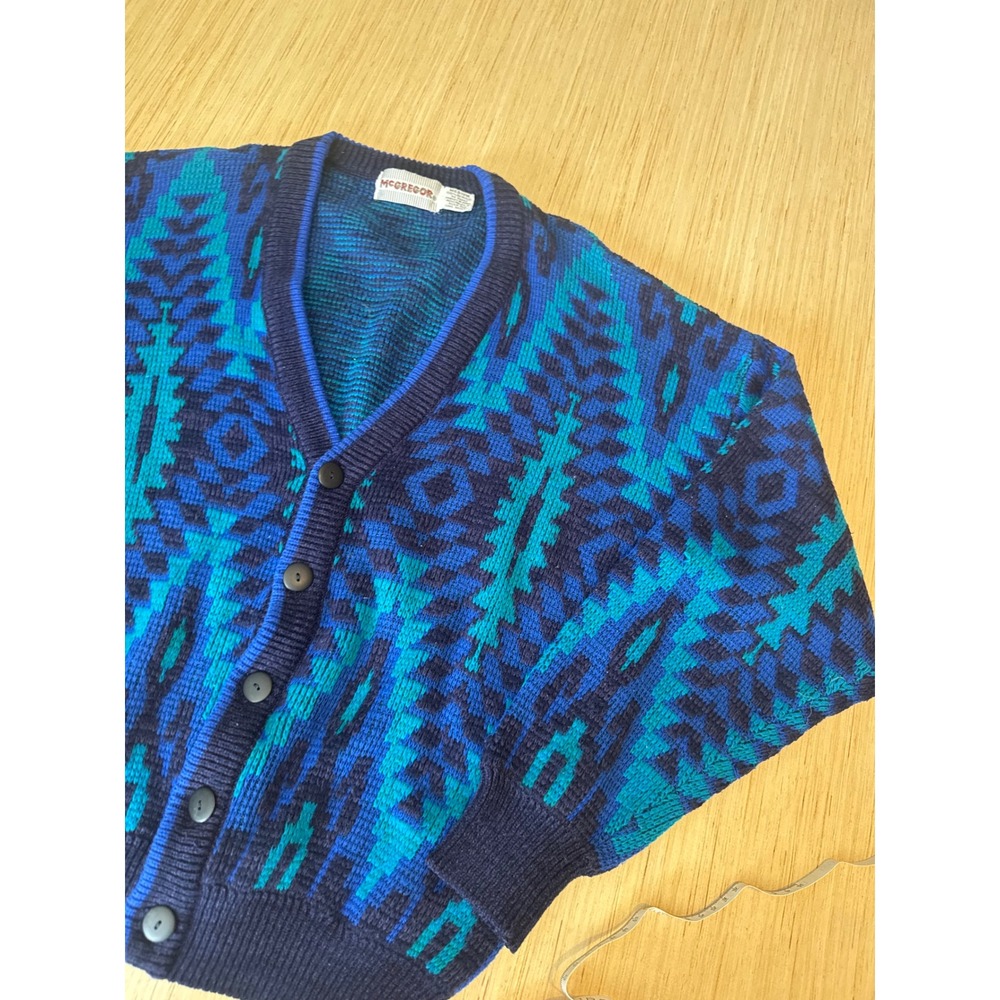 Vintage McGregor Mens Blue Geometric Southern Knit Cardigan Sweater Medium 43
